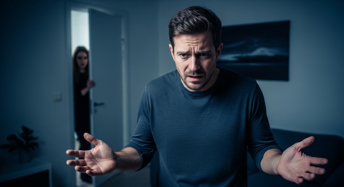 어두운 거실에서 혼란스러운 표정으로 서 있는 남성 뒤로, 문틈에 서 있는 미스터리한 여성의 그림자가 보이는 심리 스릴러 영화 '침입자' 대표 이미지.