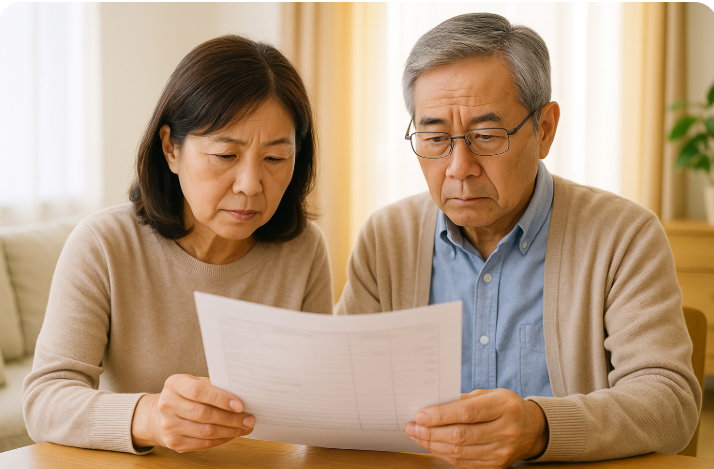 은퇴 세대 부부가 건강보험료 관련 서류를 확인하는 모습