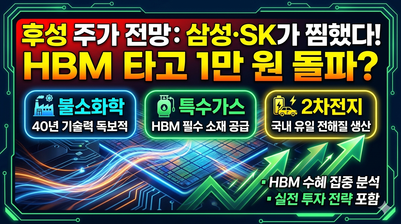Gemini의 응답
후성 주가 전망을 다루는 인포그래픽 이미지로, 상단에는 '후성 주가 전망: 삼성·SK가 찜했다! HBM 타고 1만 원 돌파?'라는 한글 제목이 적혀 있습니다. 그 아래로 불소화학, 특수가스, 2차전지 등 핵심 사업 내용과 HBM 수혜 및 투자 전략 분석을 담은 여러 한글 문구들이 아이콘, 배경 그래픽과 함께 배치되어 있습니다.