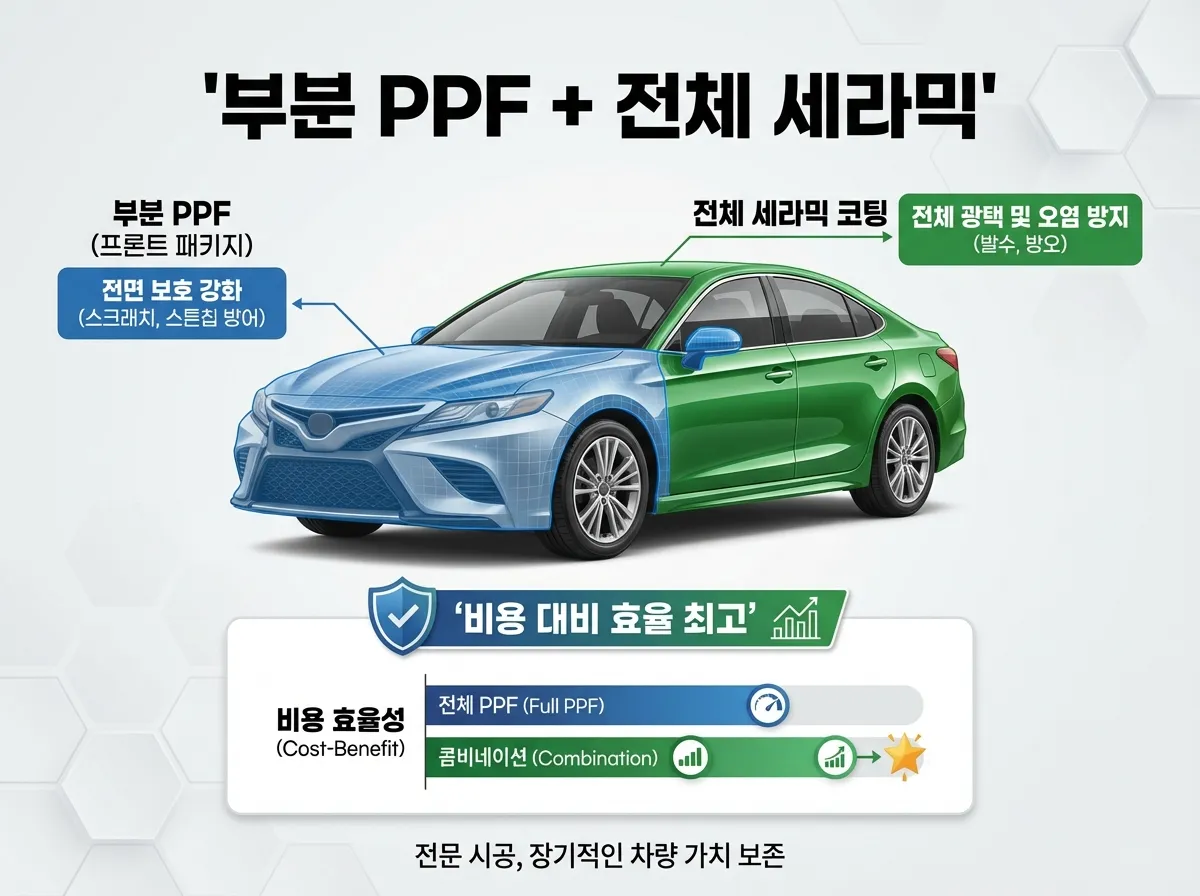 차량 전면부에 PPF를 부착하고 나머지 면에 세라믹 코팅을 적용한 조합 시공 예시
