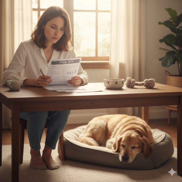 책상에 앉아 펫보험 증서를 살펴보는 보호자와 평화롭게 잠든 반려견의 모습이 담겨져있다