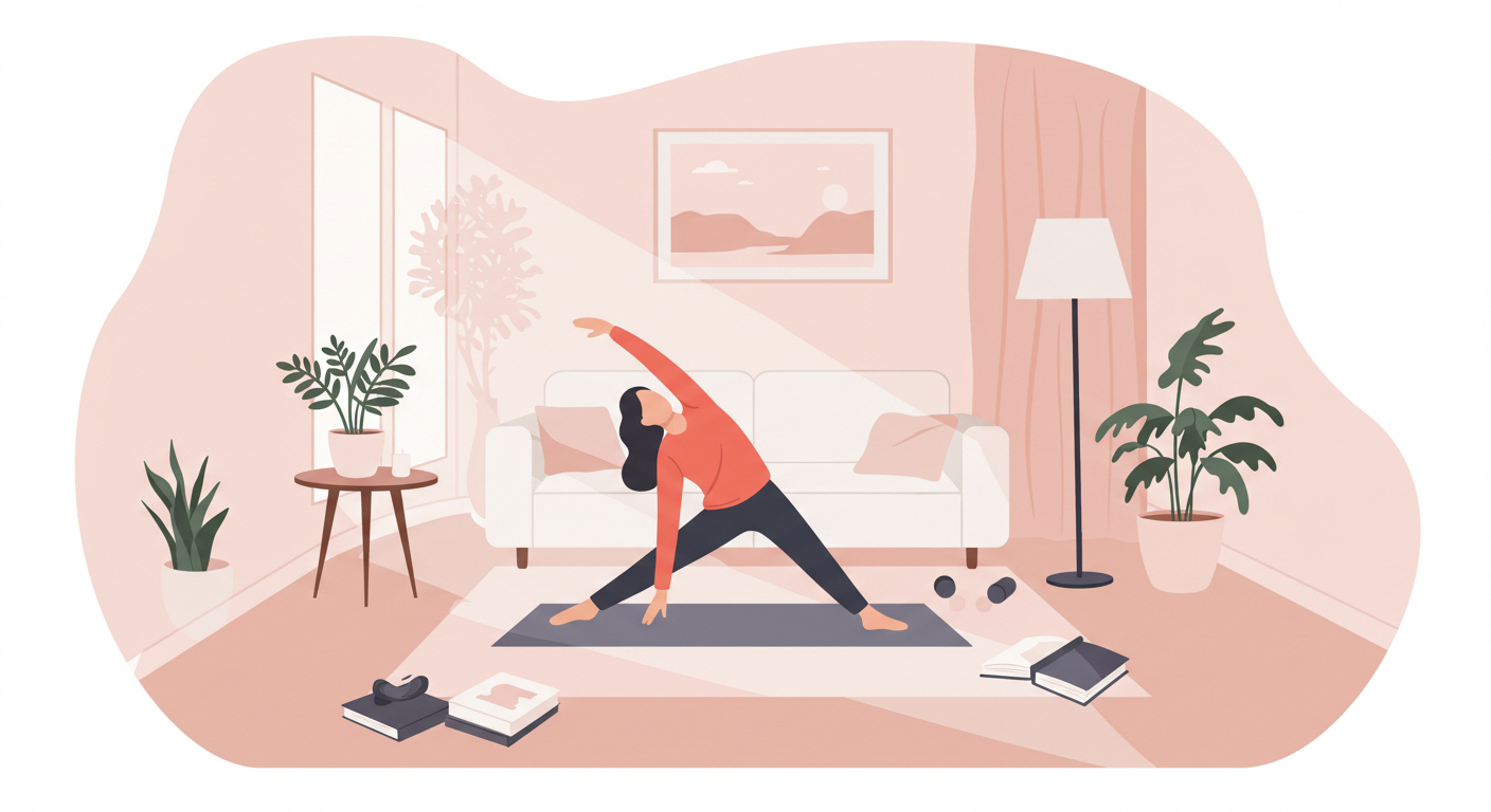 거실에서 스트레칭 하고 있는 여성