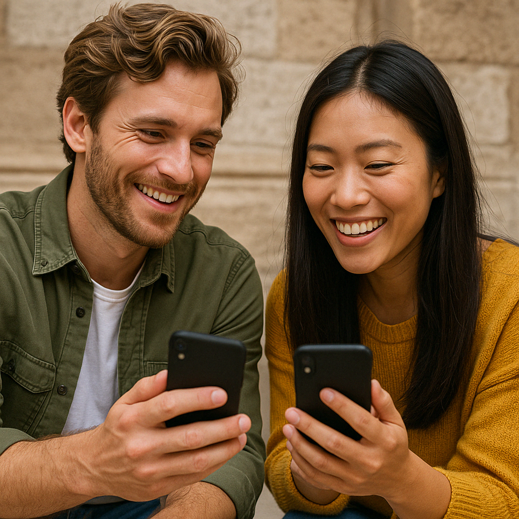 서로 찍은 사진을 스마트폰으로 공유하는 장면으로&amp;#44; &lsquo;Can you send me the photo?&rsquo; 표현에 적합한 이미지입니다.