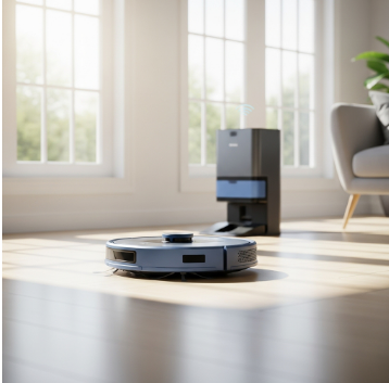 모던한 거실에서 파란색 포인트를 가진 로봇청소기가 깨끗하게 바닥을 청소하고 충전 스테이션으로 향하는 모습, 스마트 홈의 편리함을 강조.
