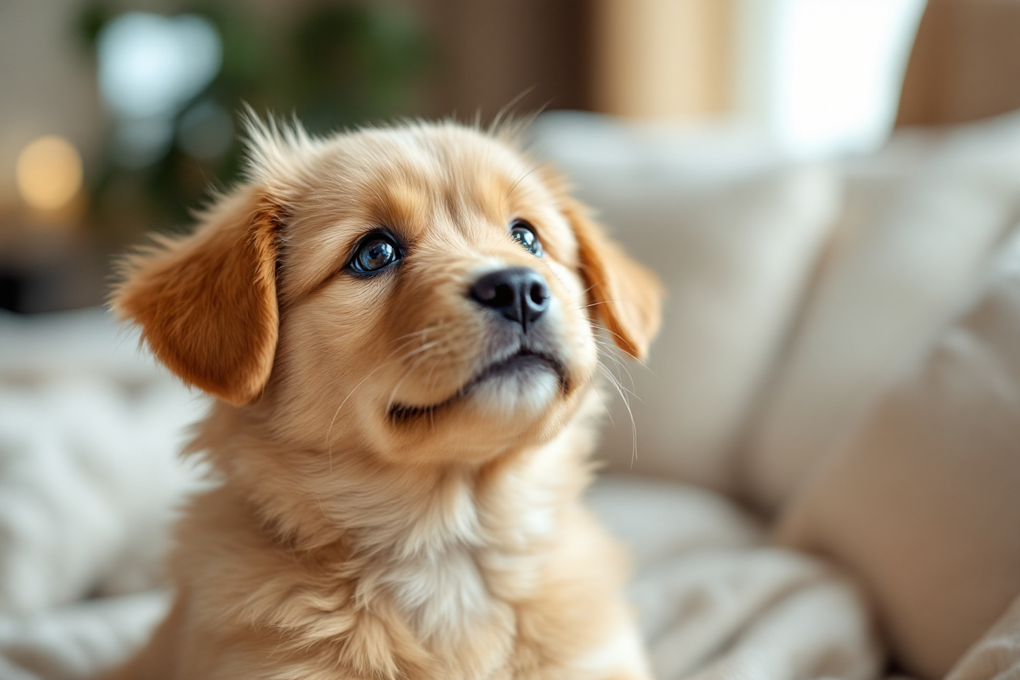 adorable puppy looking up with trusting eyes