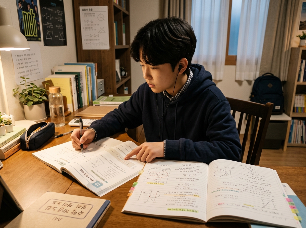 수학 문제집을 풀며 개념 노트를 활용하는 중학생