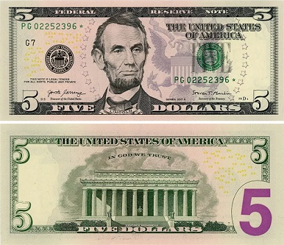 $5 지폐 앞뒷면 모습