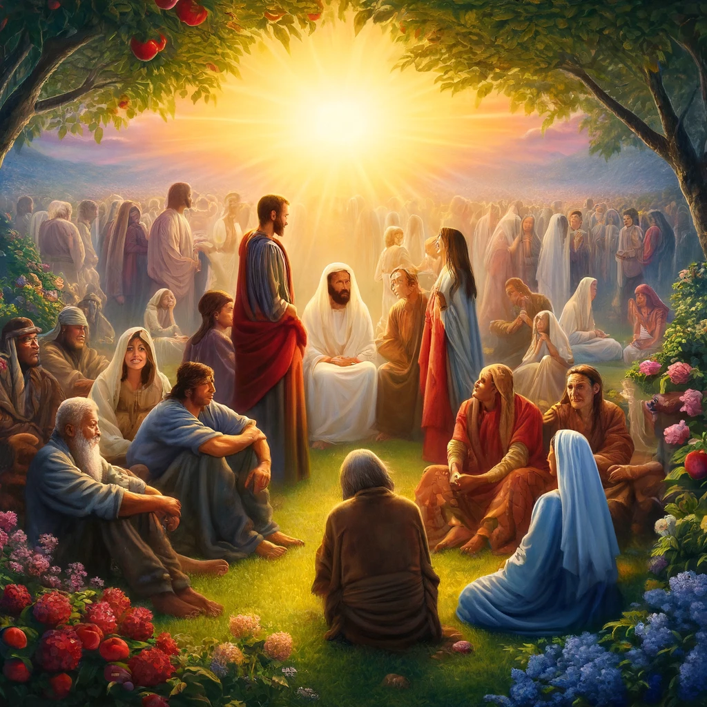 Here is the image inspired by the themes of strong love and the avoidance of jealousy, set in a spiritual and reflective context. The scenes depict a diverse group of people sharing a peaceful moment in a lush garden, emphasizing unity and deep affection, devoid of envy. This image symbolizes a life filled with love for both God and others.