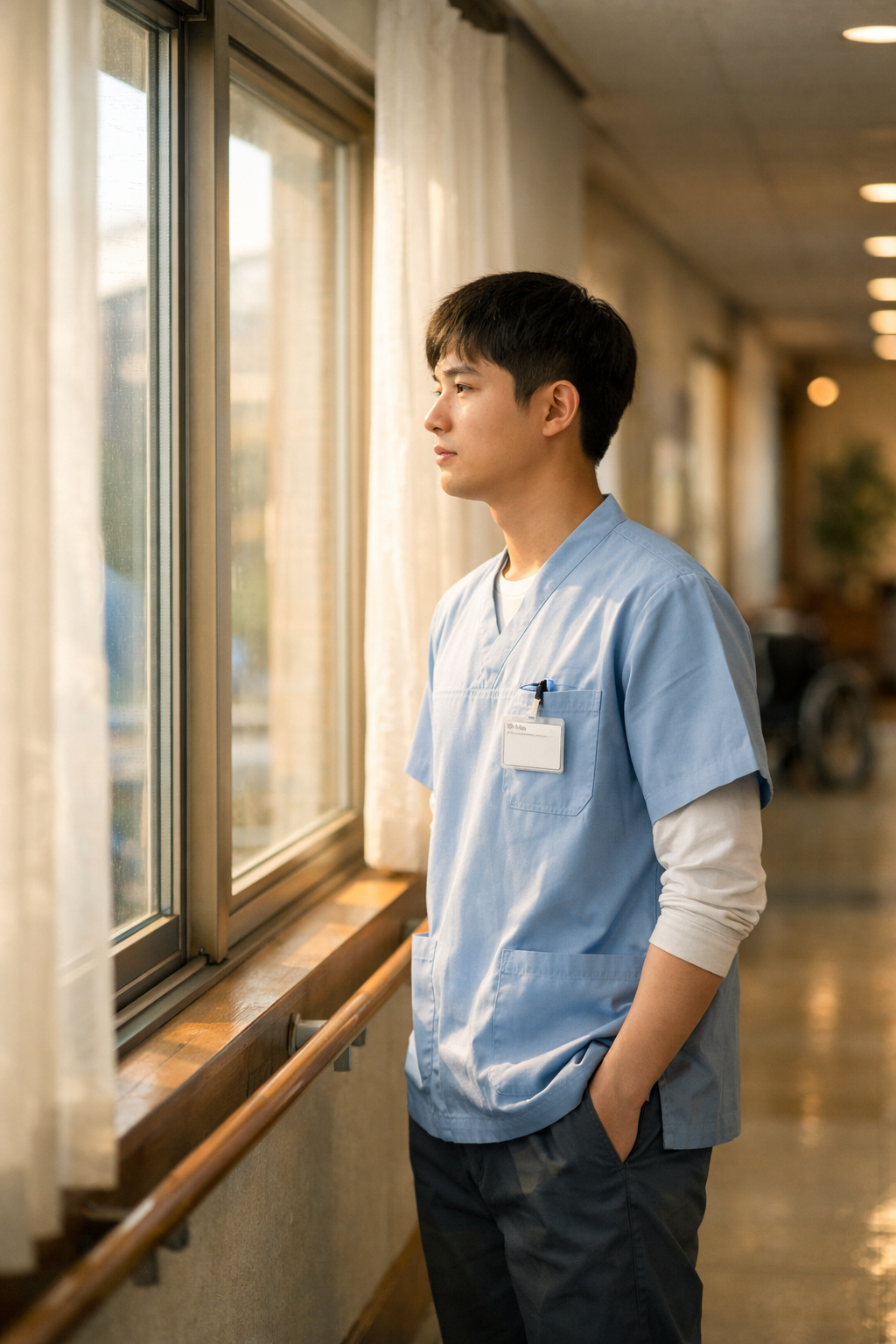 창밖을 응시하는 요양보호사