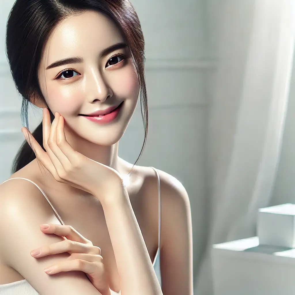 아름다운 한국인 여성이 환한 미소를 짓고 얼굴을 손으로 만지는 모습, 스킨케어와 피부 건강을 강조하는 세련된 이미지