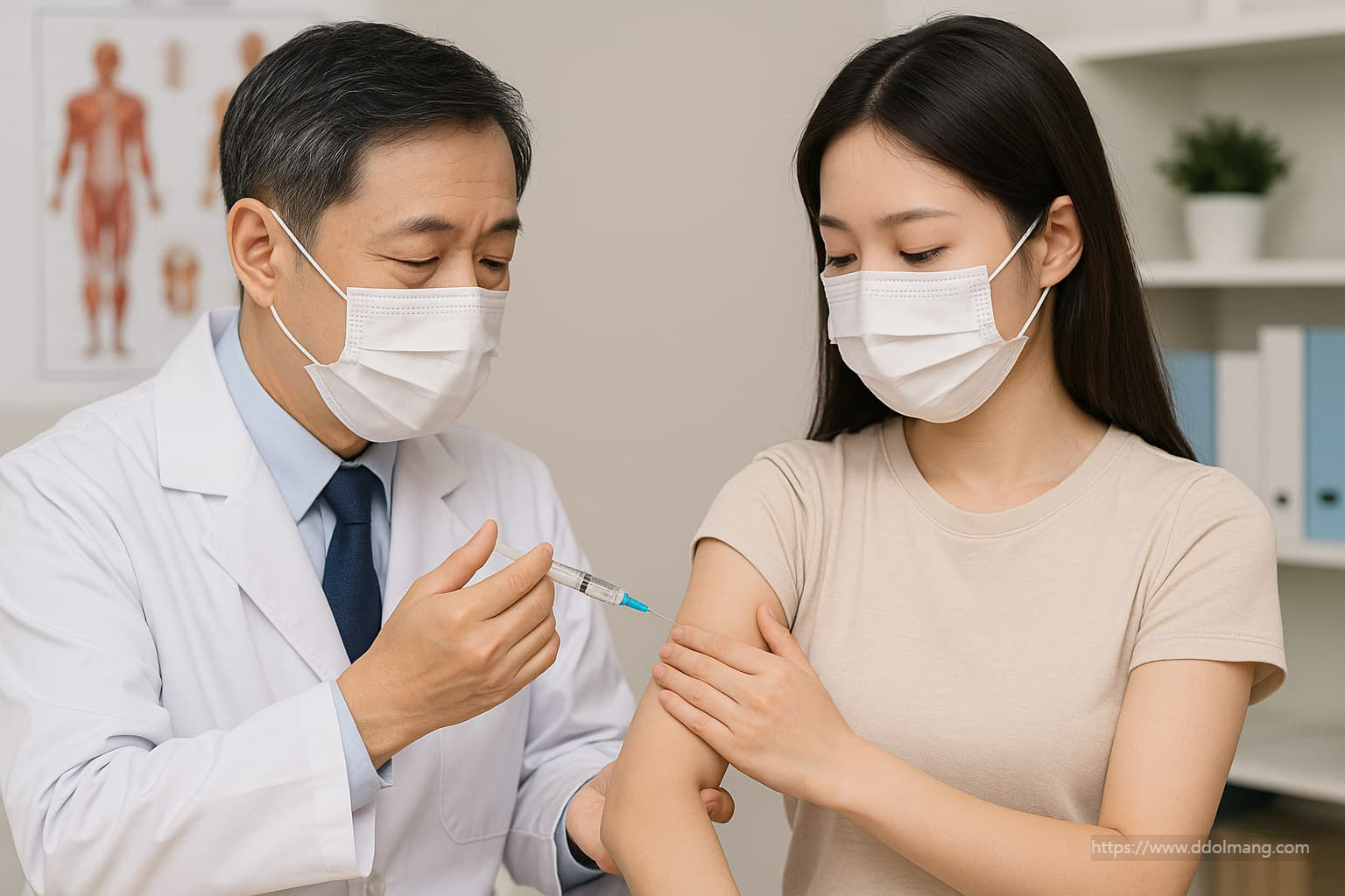 의사가 독감 예방 주사를 놓고 있다