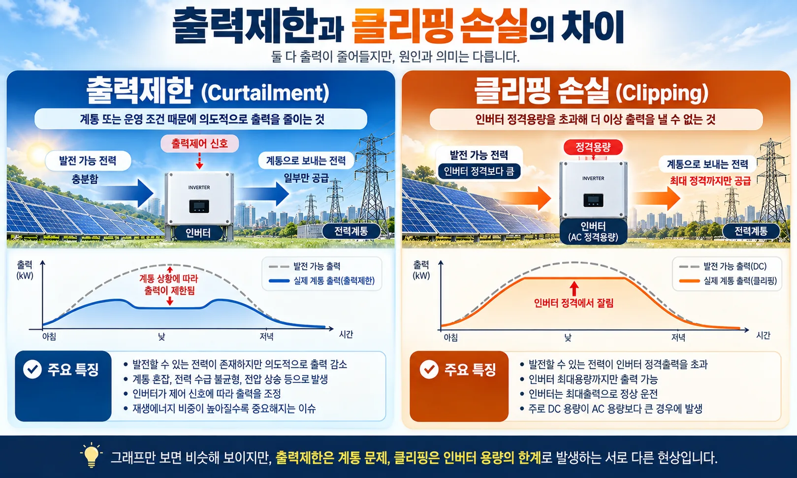 태양광 출력제한과 인버터 클리핑 손실의 원인과 출력 그래프 차이를 비교한 인포그래픽