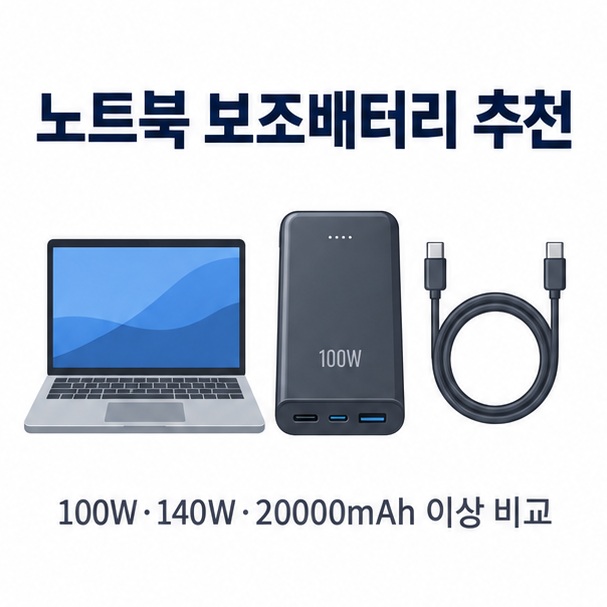 노트북과 USB C 고출력 보조배터리 충전 케이블을 배경으로 노트북 보조배터리 추천이라는 글자가 중앙에 놓인 전자제품 구매 가이드 인포그래픽