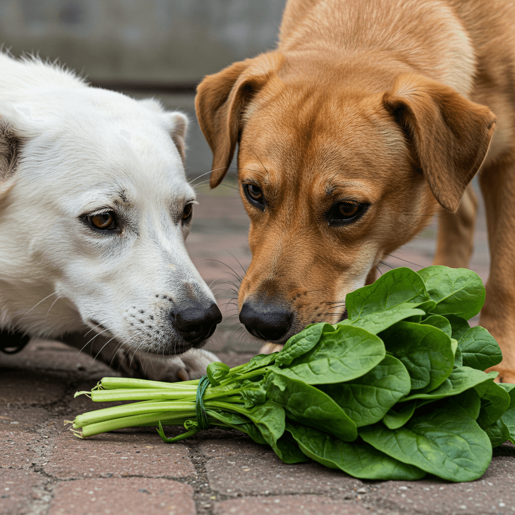 시금치와 흰색 강아지 갈색 강아지