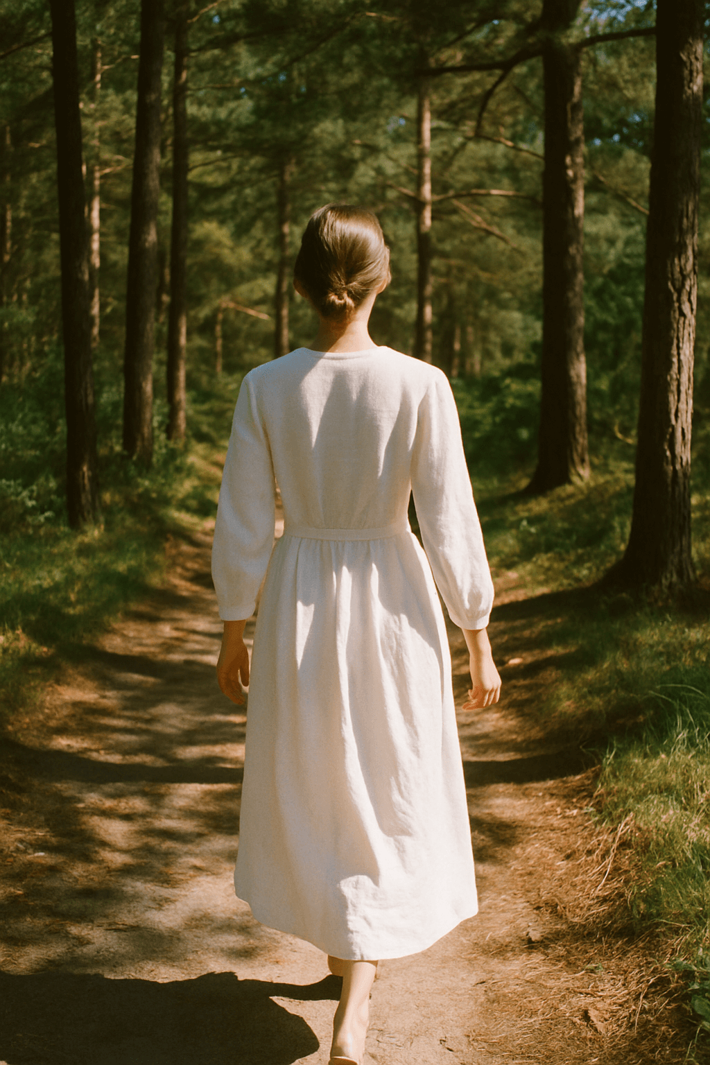 햇볕에 잘 말린 하얀 린넨 셔츠를 입은 사람이 소나무 숲 속을 천천히 거니는 장면. 부드러운 햇살이 옷감 위에 따뜻하게 내려앉고, 주변에는 초록빛 소나무 잎이 잔잔히 흔들리며, 전체적으로 평화롭고 상쾌한 분위기를 자아냅니다