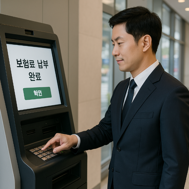 은행의 무인기에서 사회보험료를 납부하고 있는 정장 차림의 직장인 남성의 모습