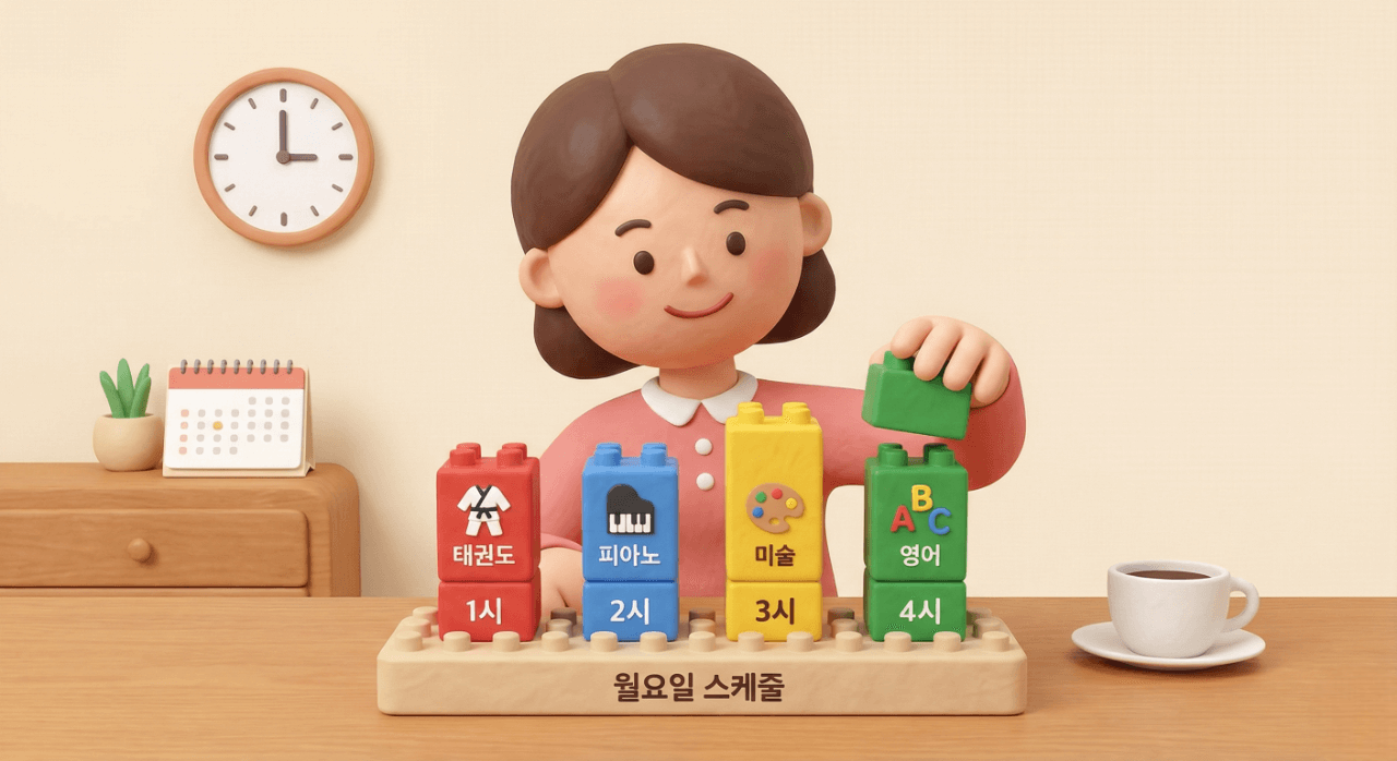 엄마가 책상 위에서 '태권도', '피아노', '미술', '영어'라고 적힌 알록달록한 블록들을 시간 순서대로 조립하며 스케줄을 짜는 모습