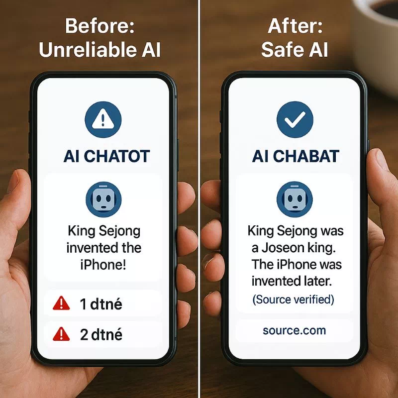 "AI 환각 방지 꿀팁 적용 전후 비교: 안전한 AI 사용 화면과 불안정한 AI 사용 화면"