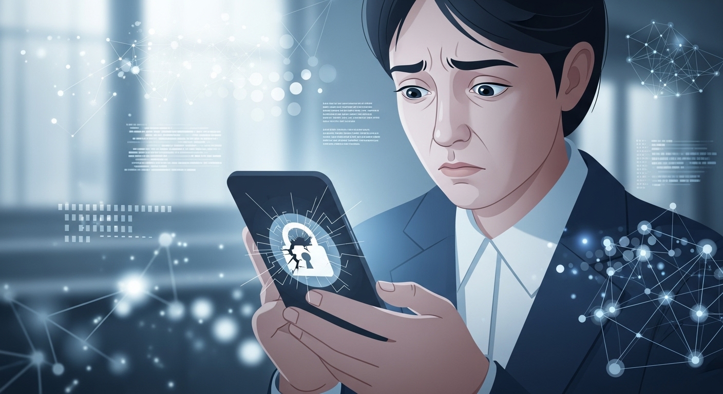 걱정스러운 표정으로 스마트폰을 보는 직원과 깨진 자물쇠 아이콘. 개인 정보 유출로 인한 불안감을 나타냅니다.