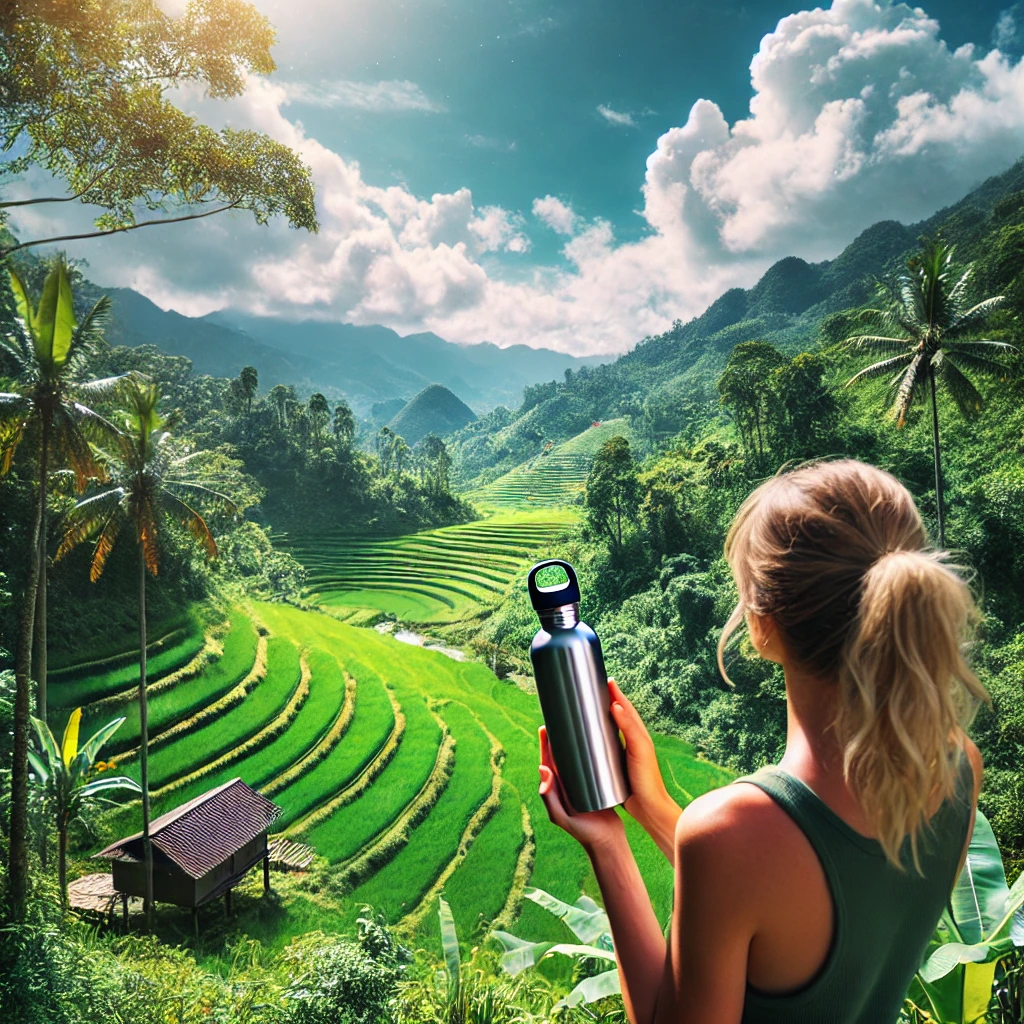 베트남의 푸른 자연 속에서 재사용 가능한 물병을 들고 있는 여행자