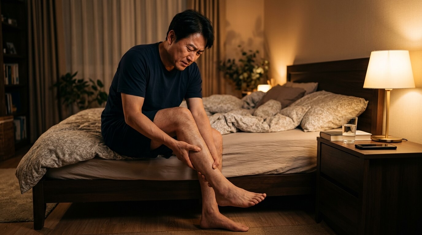 밤에 종아리 경련으로 다리를 잡고 있는 중년 남성의 모습