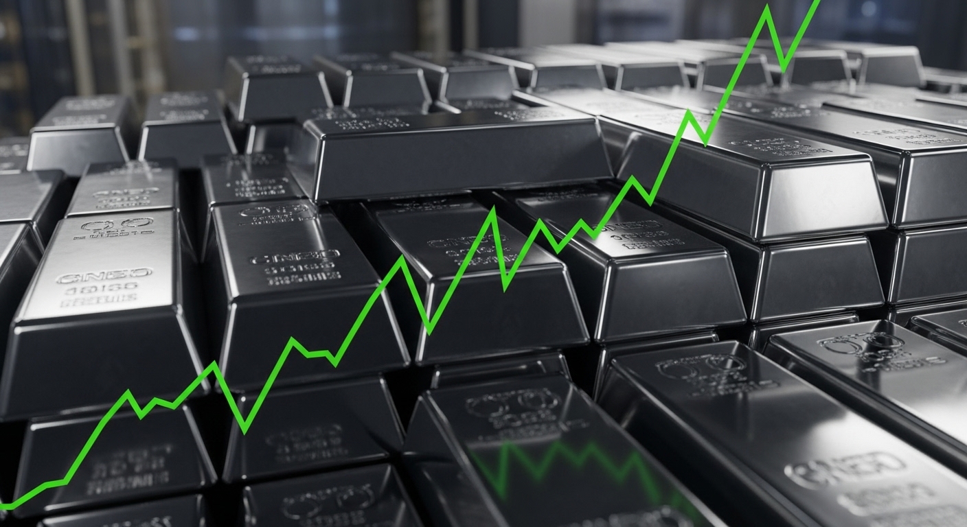 빛나는 은괴 더미 위에 강렬한 상승 그래프가 겹쳐진 이미지