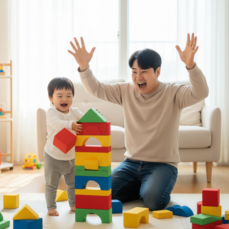 아빠와 대형 블록 쌓기를 통해 24개월 아기 수세기 놀이 및 공간 개념을 익히는 모습