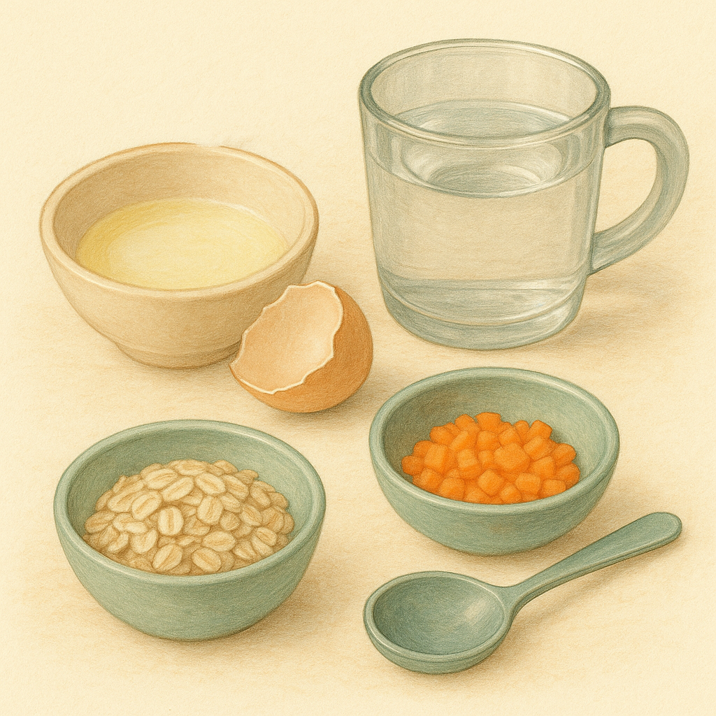 강아지 달걀 푸딩 레시피 재료들을 파스텔톤으로 아기자기하게 그린 이미지