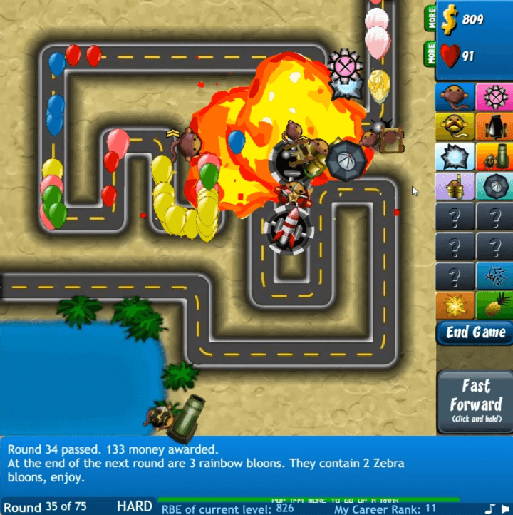 풍선타워디펜스4-플래시게임-플레이-강력한-로켓-타워로-풍선을-터트리는-화면