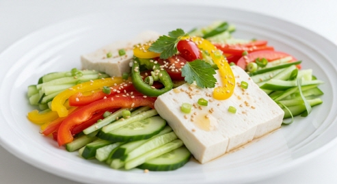 차가운 물과 함께 두부 샐러드 한 접시