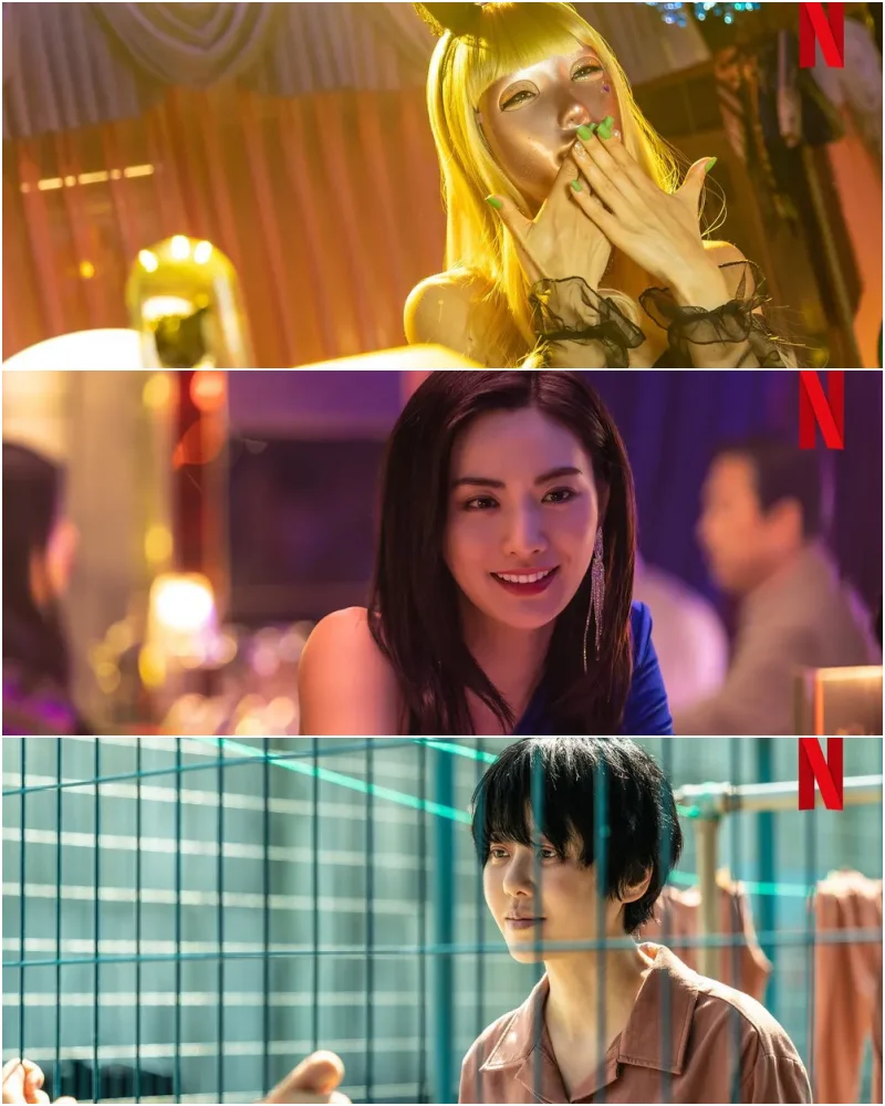 금발에 마스크를 쓰고 웃고 있는 김모미, 어느 바에서 섹시한 의상을 입고 아름다운 미모에 웃고 있는 김모미, 죄수복을 입고 추레한 용모를 하고 있는 김모미를 연기하는 마스크걸의 신인배우, 나나, 고현정