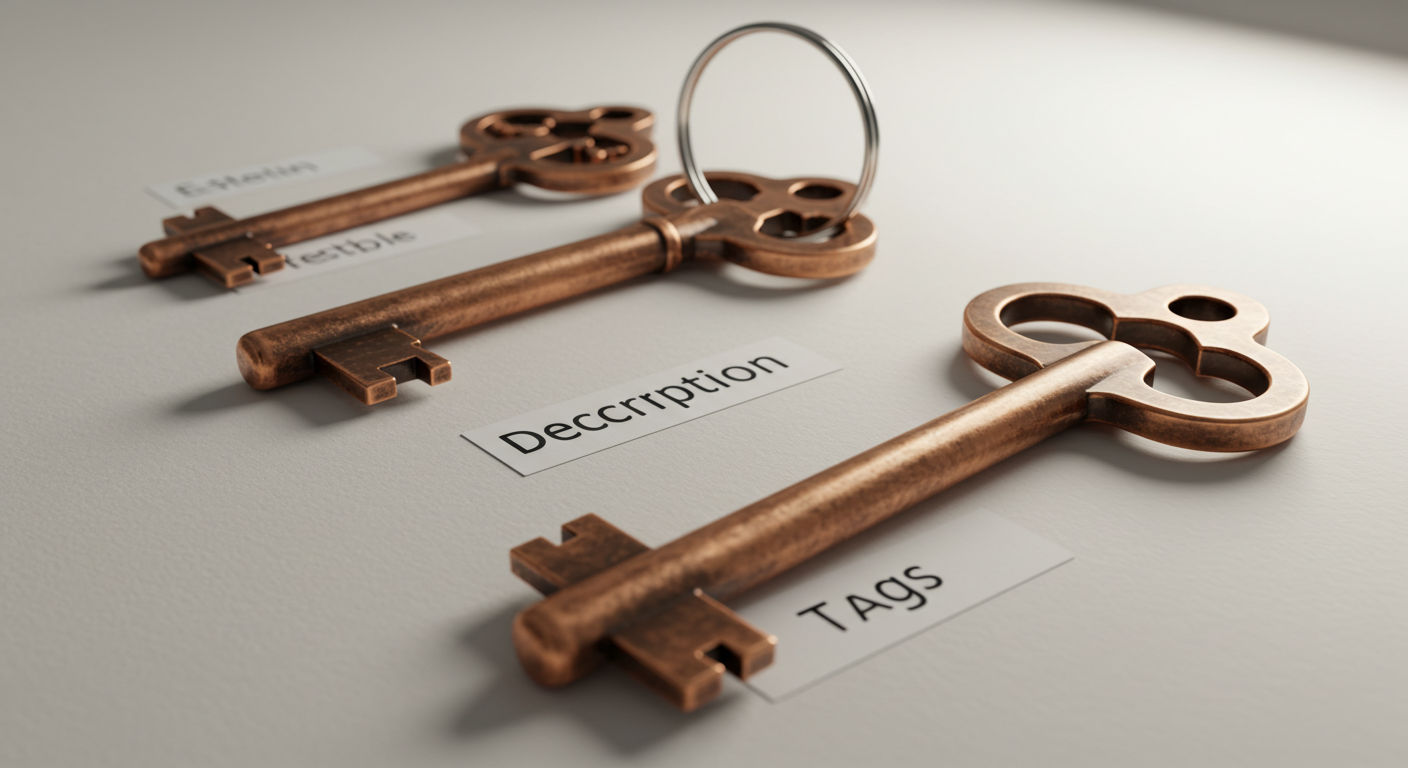 세 개의 상징적 열쇠: 제목은 관심을 여는 열쇠, 설명은 기대를 여는 열쇠, 태그는 검색을 여는 열쇠를 상징적으로 표현