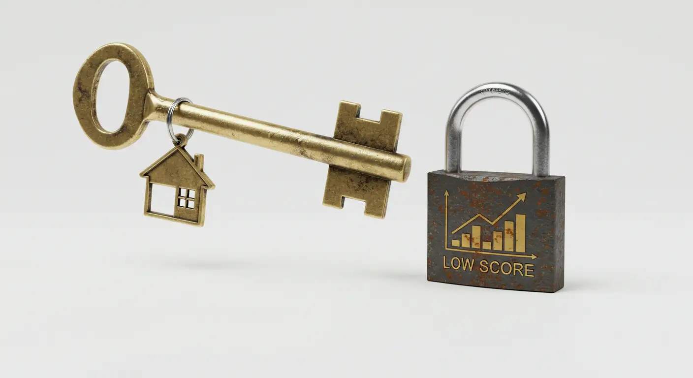튼튼한 집 열쇠(보증금)가 '낮은 신용'이라는 약한 자물쇠를 쉽게 열어버리는 상징적인 이미지