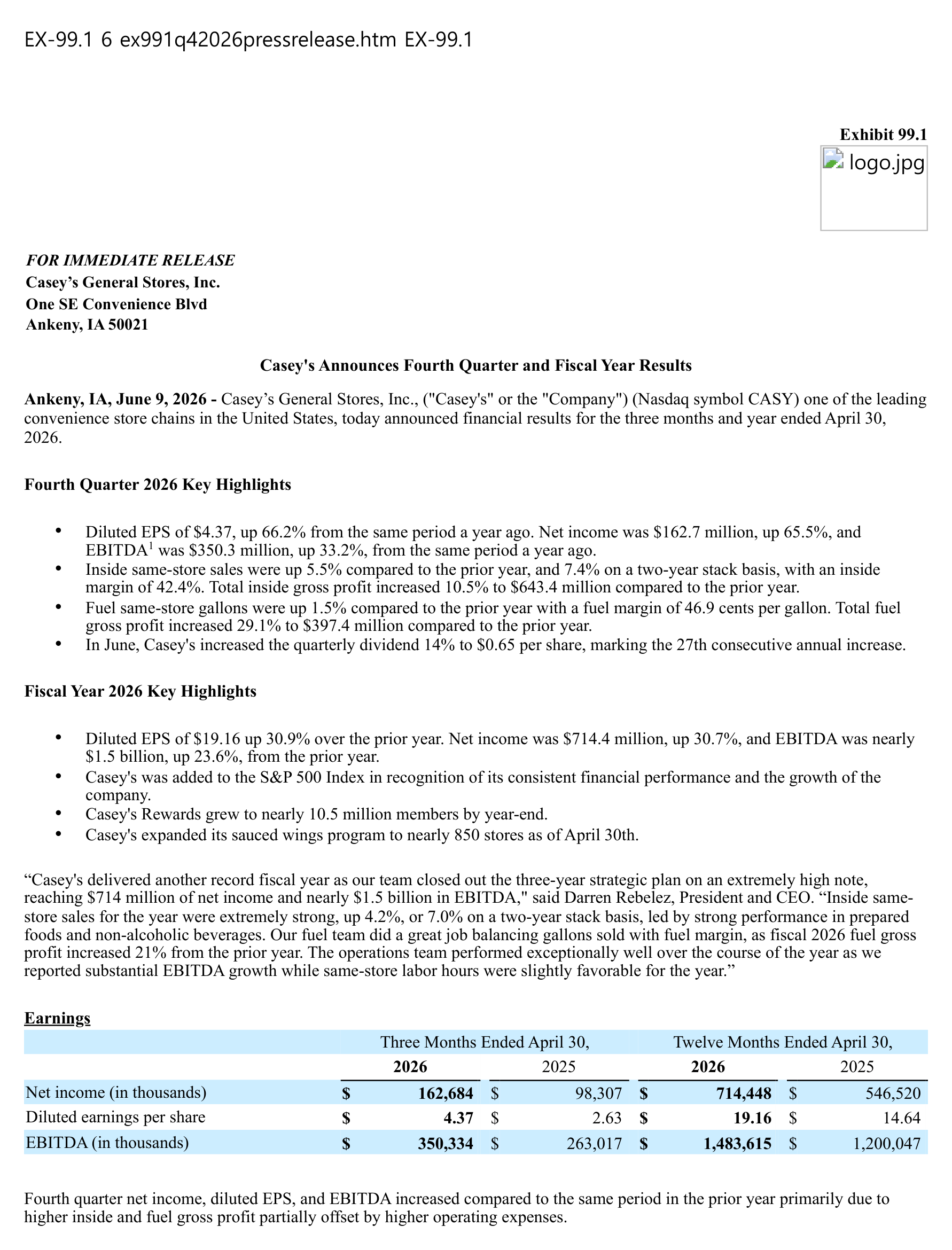 Casey's fiscal 2026 fourth-quarter earnings release, page 1, issued June 9, 2026