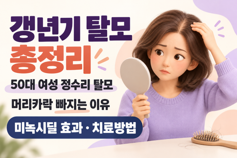 갱년기 탈모 총정리｜50대 여성 정수리 탈모&middot;머리카락 빠지는 이유&middot;미녹시딜 효과&middot;치료방법
