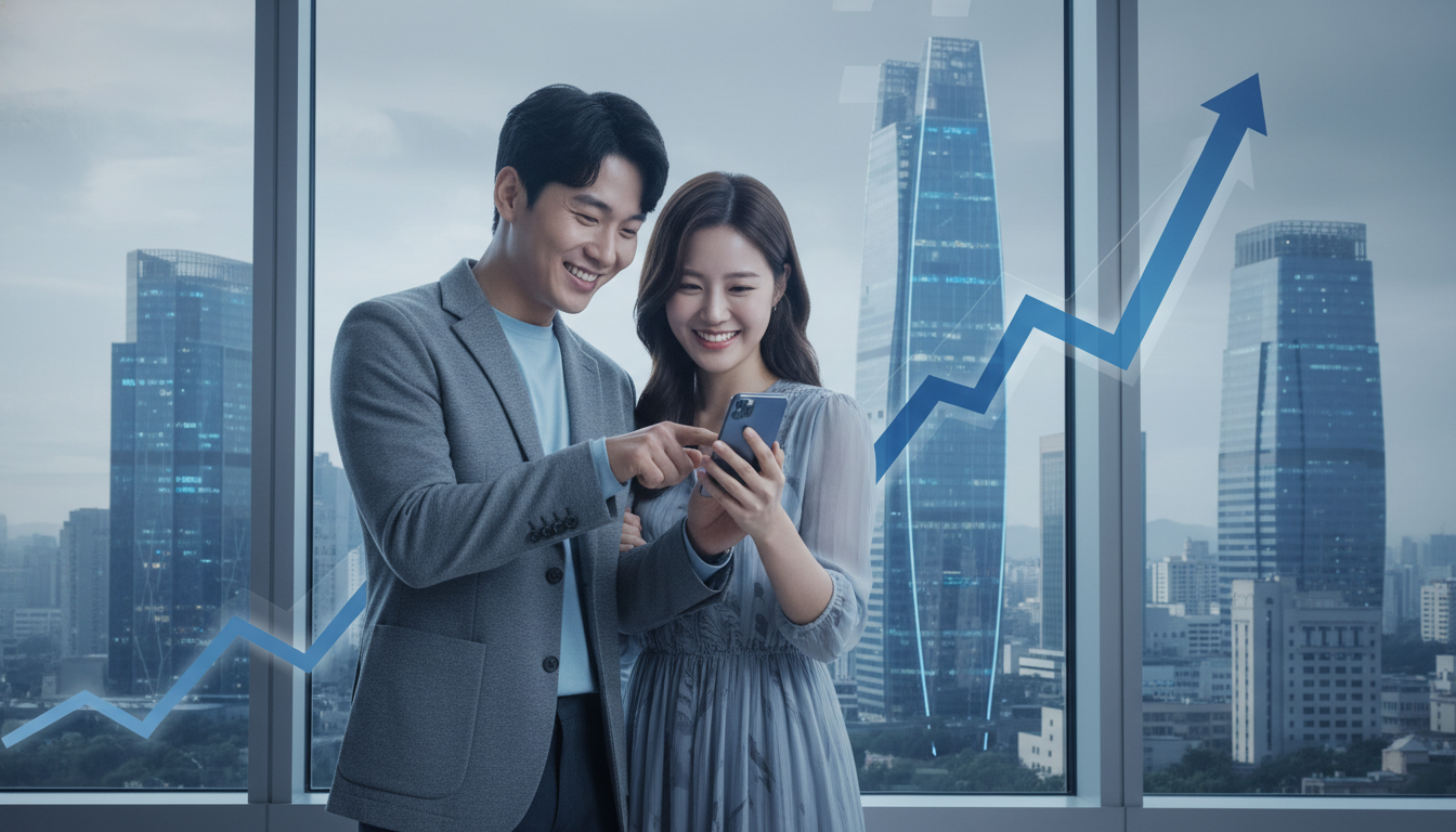 MZ세대 한국인 커플이 스마트폰으로 실손보험 정보를 확인하며 현명한 결정을 내린 후 만족하는 모습.