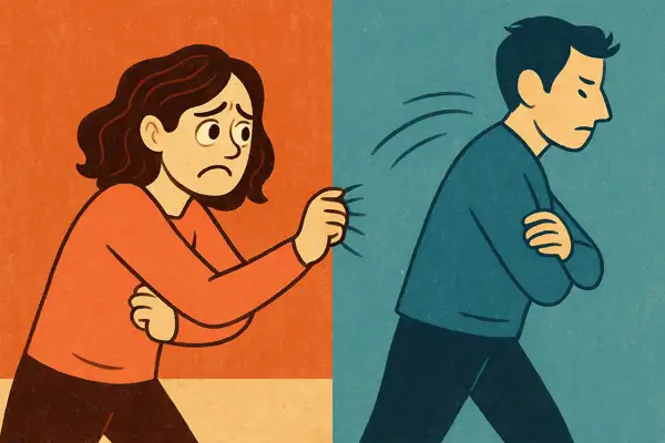 불안형 애착과 회피형 애착의 관계 패턴을 시각적으로 표현한 상징적 이미지 – 한쪽은 매달리고, 다른 한쪽은 회피하는 모습
