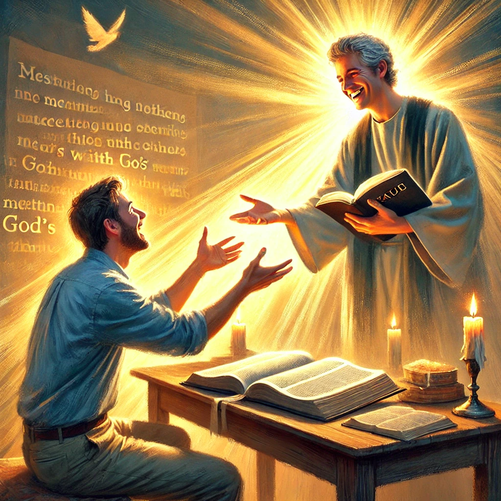 Here is the inspiring image depicting a person joyfully dedicating themselves to God and others, reflecting the example of Paul. The scene illustrates the act of meeting others' spiritual needs with God's word, conveying joy, selflessness, and deep commitment.