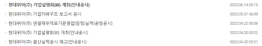 현대위아 공시 목록