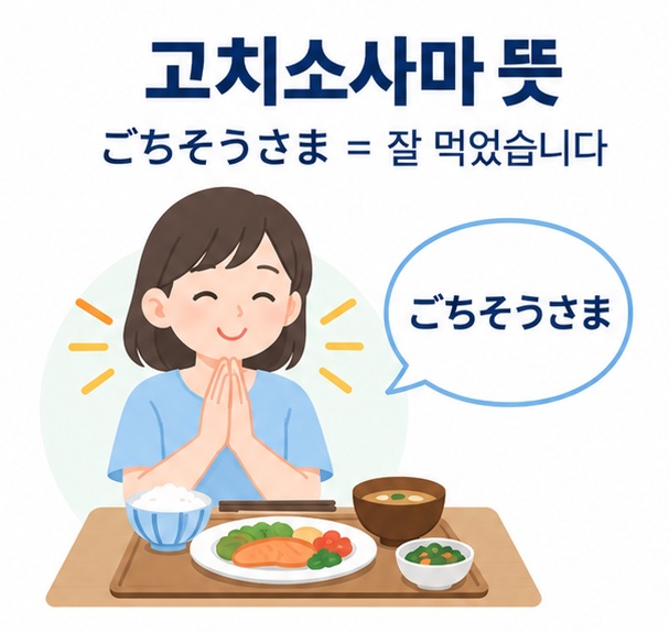 고치소사마 뜻과 일본어 ごちそうさま 표기, 잘 먹었습니다 의미를 보여주는 일본어 학습 이미지