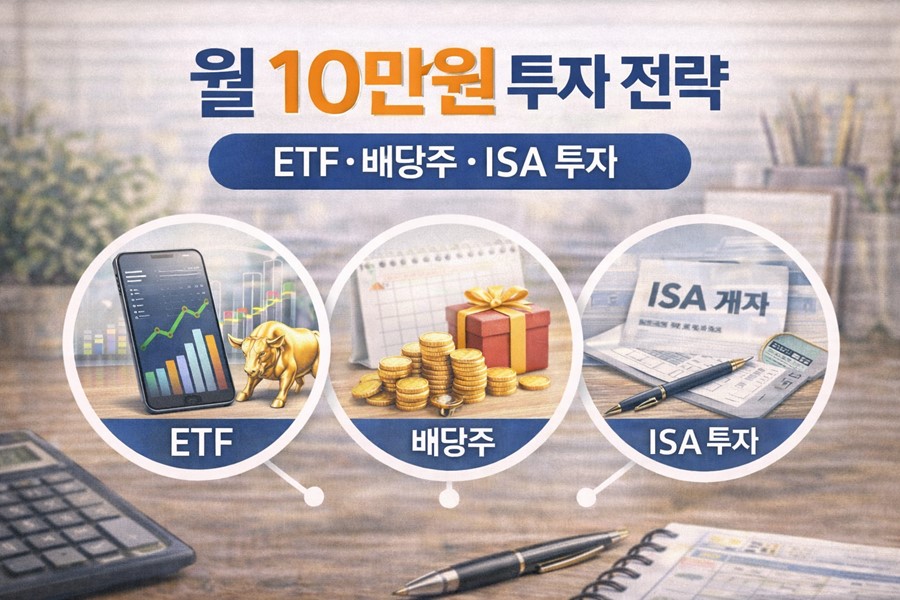 월 10만원 투자 전략으로 ETF 투자, 배당주 투자, ISA 계좌 투자 방법을 설명하는 투자 전략 이미지