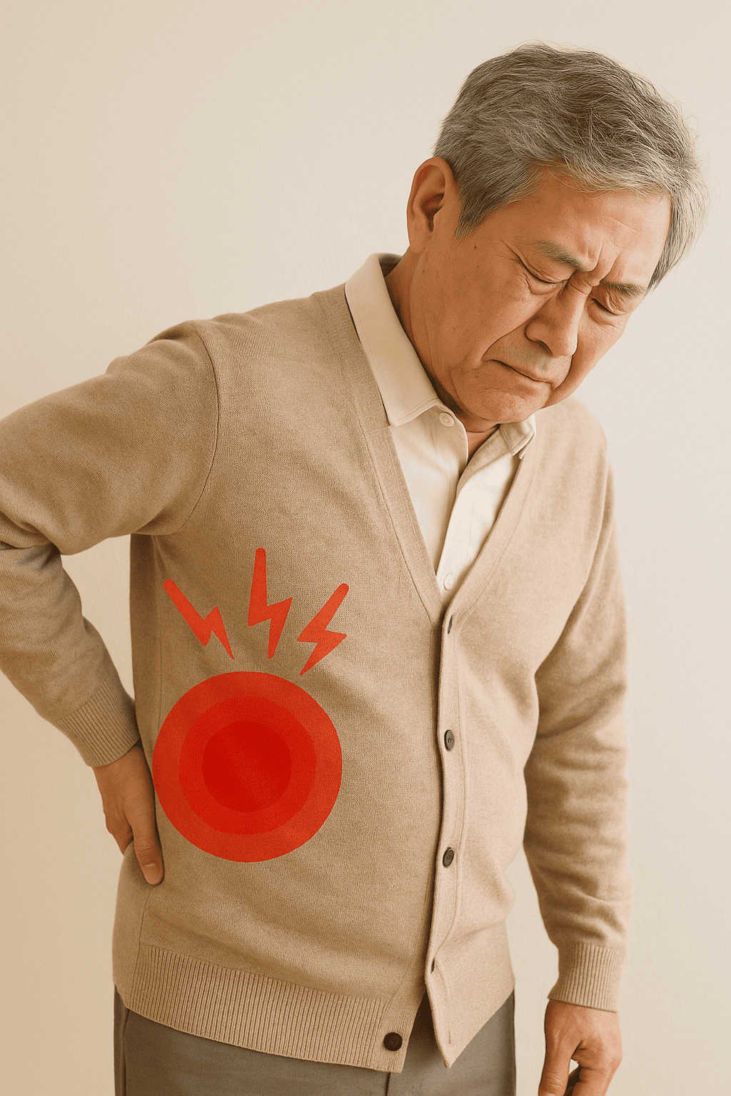 하얀-피부의-한국인-노인이-베이지색-가디건을-입고-통증을-느끼는-허리를-오른손으로-잡은-채-눈을-감고-고통스러운-표정을-짓고-있으며-허리-부위에는-붉은-원형-그래픽과-번개-모양의-아이콘이-표시되어-만성-통증을-시각적으로-강조한-장면