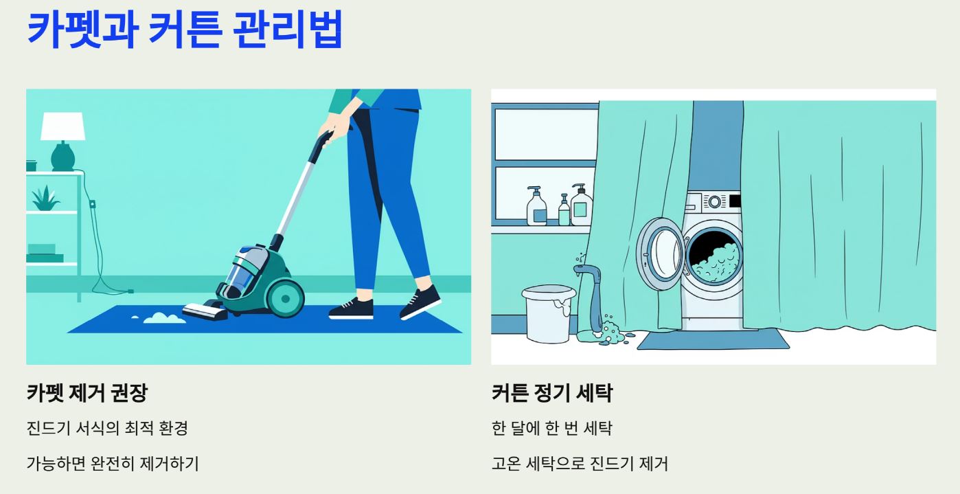 카펫과 커튼은 제거하거나 자주 세탁