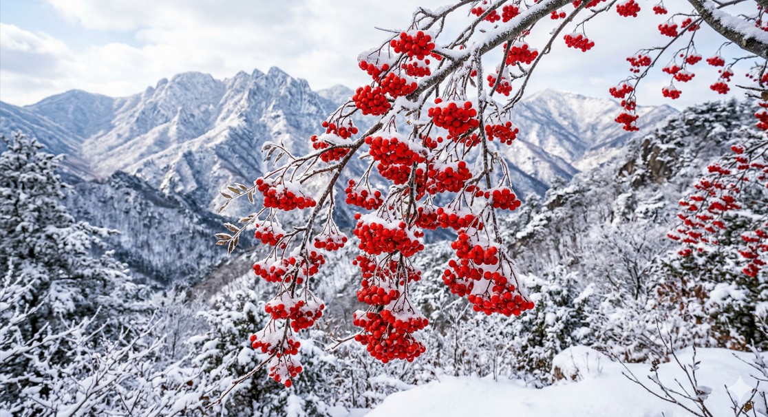 눈 덮인 산속에서 빨갛게 익은 마가목 열매가 가지에 매달려 있는 풍경
