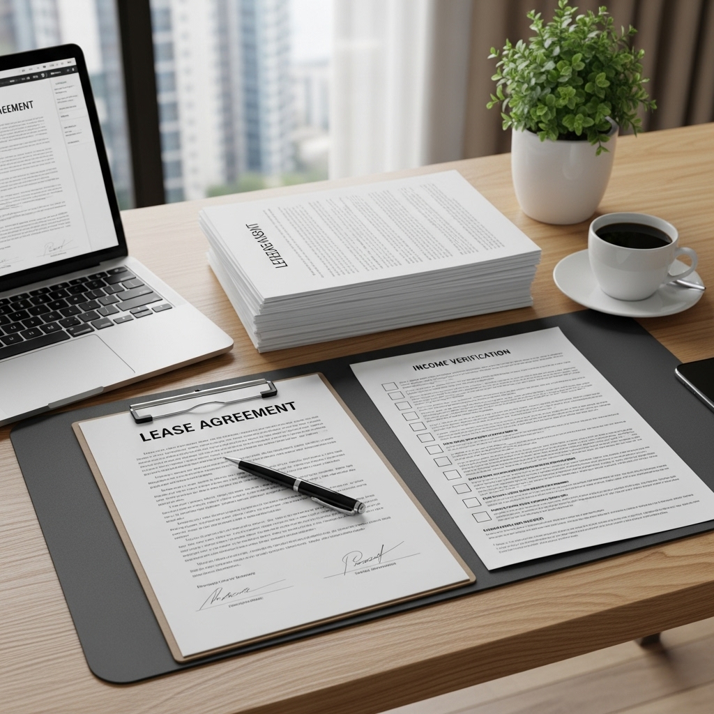 깔끔하게 정리된 책상 위에 전세 계약서, 소득 서류, 체크리스트 등이 놓여있는 모습