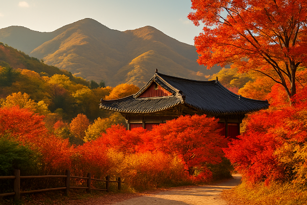 A hiker walking along a leaf-covered forest trail, with sunlight streaming through vibrant fall foliage in Korea’s national park landscape.