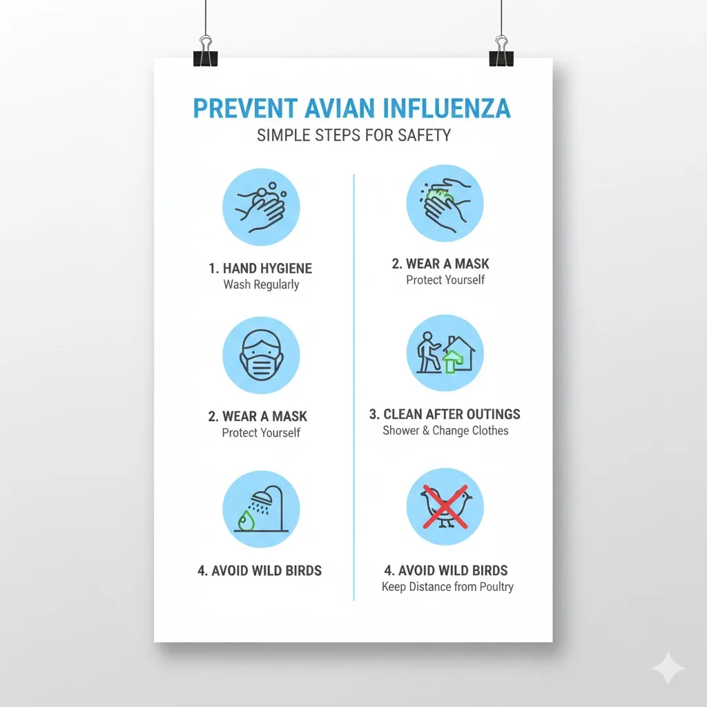 손 소독, 마스크 착용, 외출 후 깨끗이 씻기, 야생 조류 접촉 금지 등 핵심 예방 수칙을 직관적인 아이콘으로 디자인하여 배치합니다. 각각의 아이콘 아래에는 간단한 설명 문구를 포함할 수 있습니다. 전체적으로 깔끔하고 명확한 디자인, 밝고 긍정적인 색감을 사용하여 대중이 쉽게 이해하고 실천하도록 독려하는 포스터 스타일을 연출합니다.