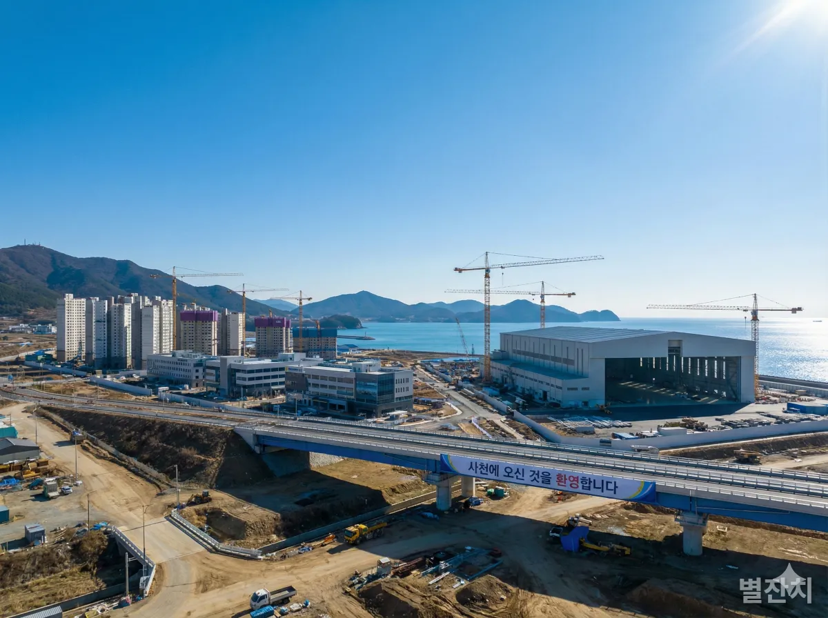 우주항공복합도시로 변모하고 있는 경남 사천의 활기찬 건설 현장과 맑은 겨울 하늘
