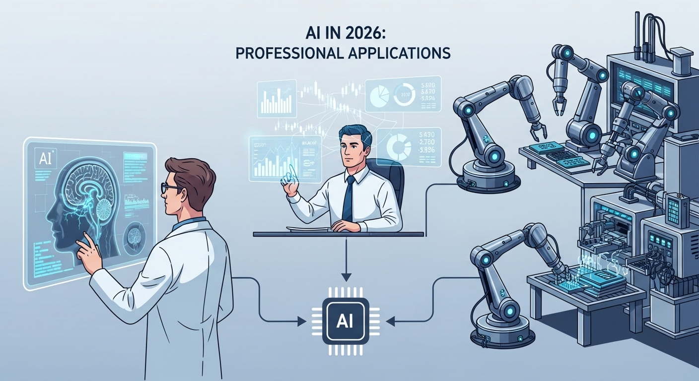 의료, 금융, 제조 등 다양한 전문 분야에서 AI가 활용되어 효율성과 혁신을 가져오는 모습.