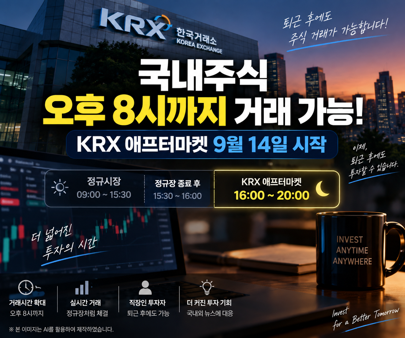 KRX 애프터마켓 9월 14일 시작 국내주식 오후 8시까지 거래시간 확대